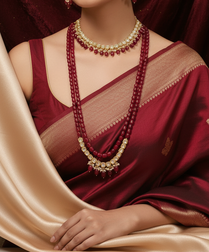 Semi-Braidal Gold Plated Choker with Rani Haar Necklace Set