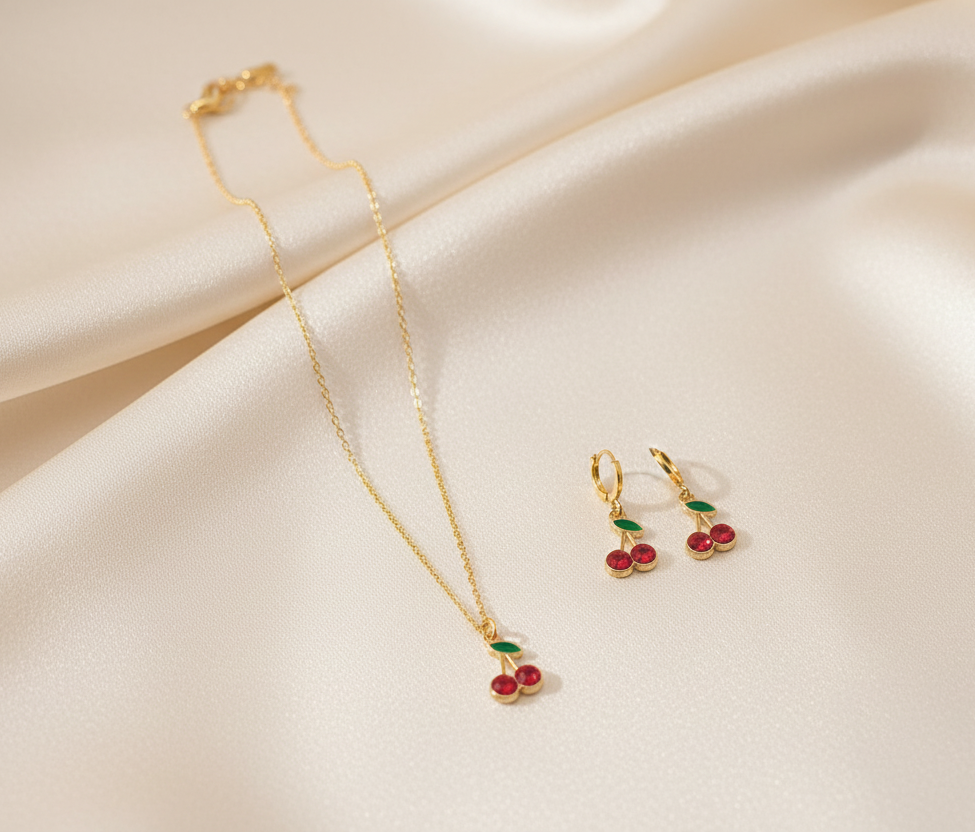 Anti-tarnish Gold-Plated Cherry Pendant Necklace Set