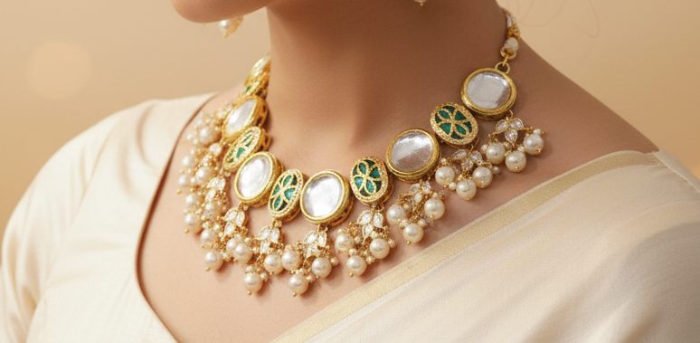 Gold-Plated Semi-Braidal Kundan Necklace Set