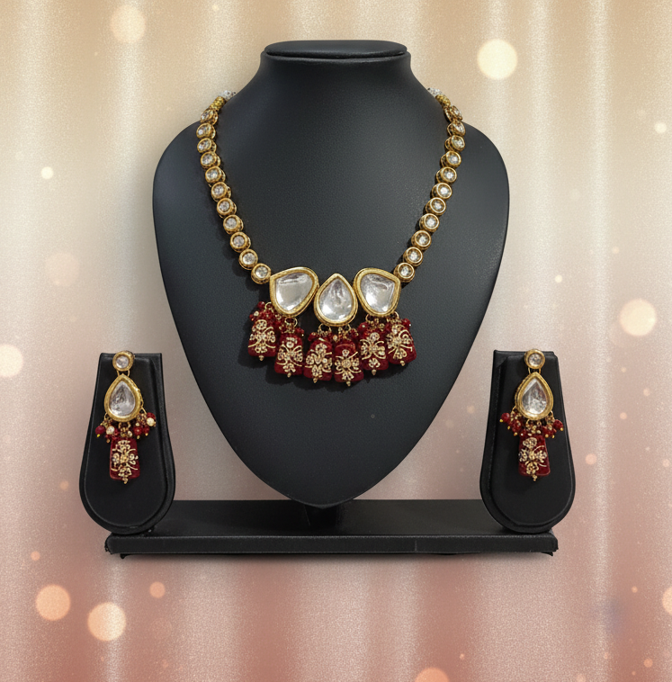 Maroon Meenakari Kundan Necklace with Earrings