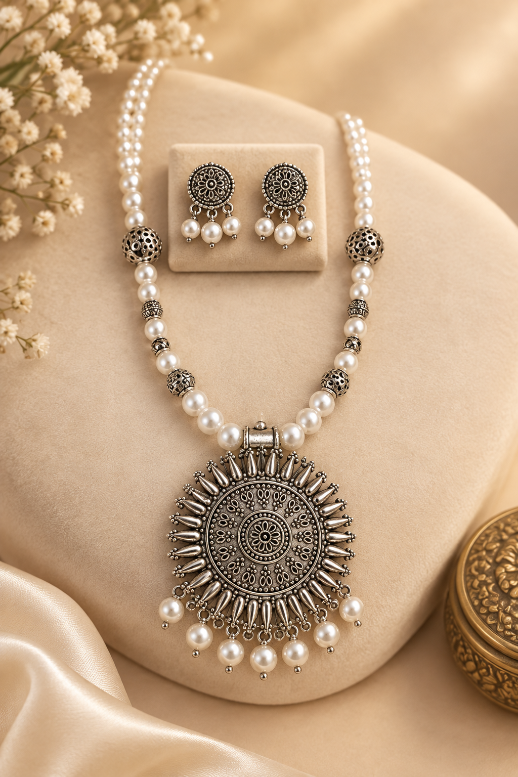 Oxidised White Pearl Necklace Set