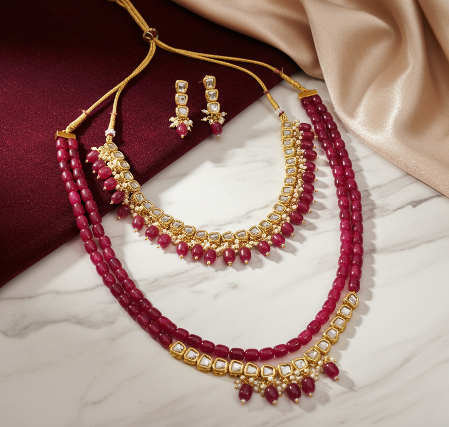 Semi-Braidal Gold Plated Choker with Rani Haar Necklace Set