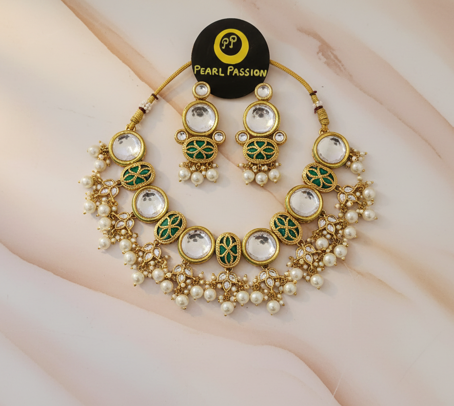 Gold-Plated Semi-Braidal Kundan Necklace Set