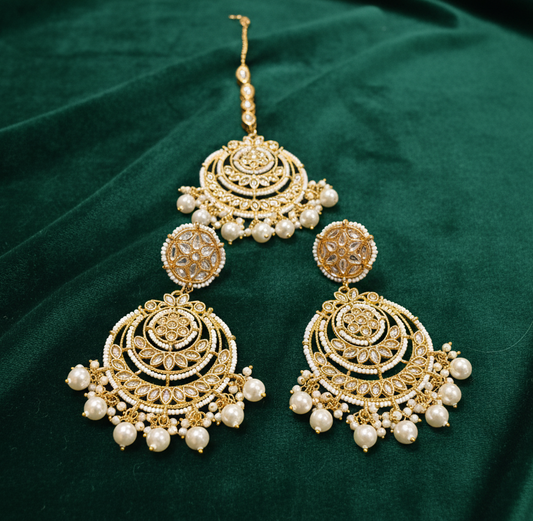 Set of Meenakari Kundan Chaandbali Earrings & Maangtikka
