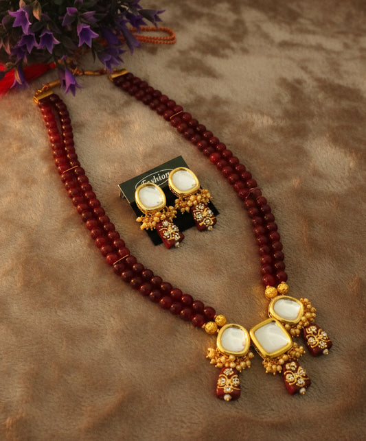 Gold-Plated Maroon Beads Kundan Necklace Set