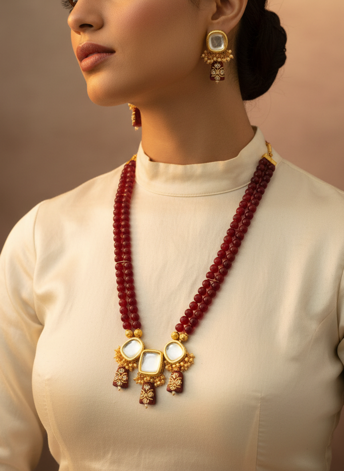 Gold-Plated Maroon Beads Kundan Necklace Set