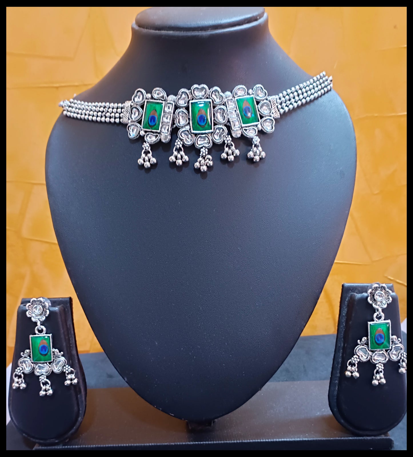 Oxidised Jewellery Choker Set with Earrings (peacock pattern)
