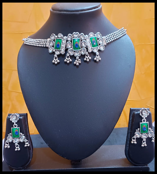 Oxidised Jewellery Choker Set with Earrings (peacock pattern)
